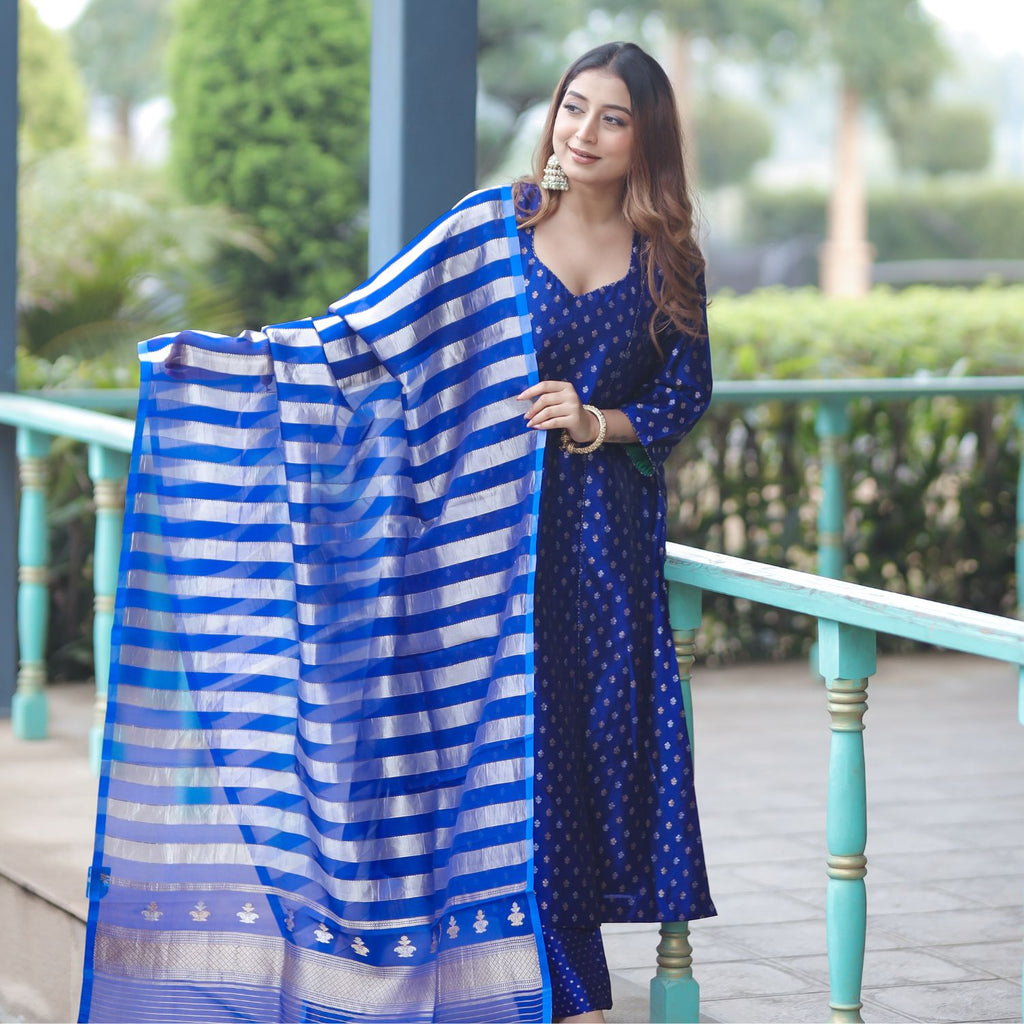 blue organza tissue dupatta with elegant zari stripes and border detail.