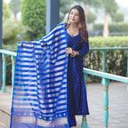 blue organza tissue dupatta with elegant zari stripes and border detail.