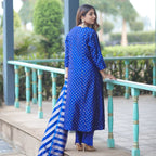 Back profile of the blue silk salwar suit showing the fit and weave consistency.