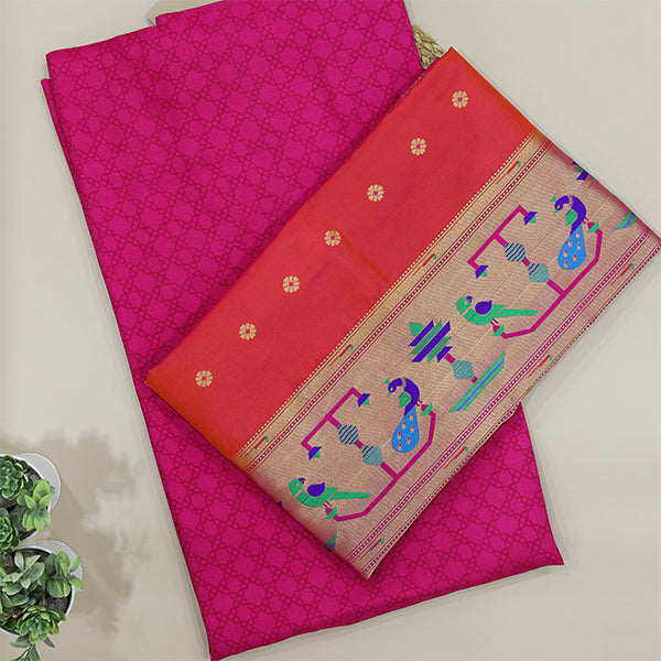 Shop this exquisite unstitched pure Banarasi silk suit set. Showcases traditional weaving and intricate Paithani details ideal for festive occasions.