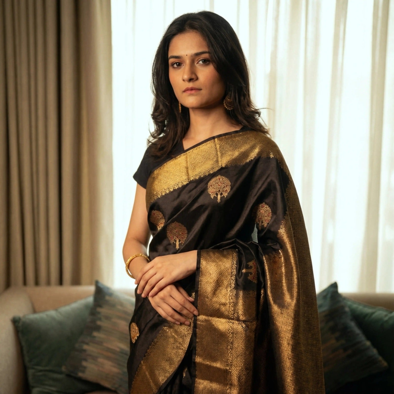 Handwoven Black Katan Silk Saree with Gold Zari Border