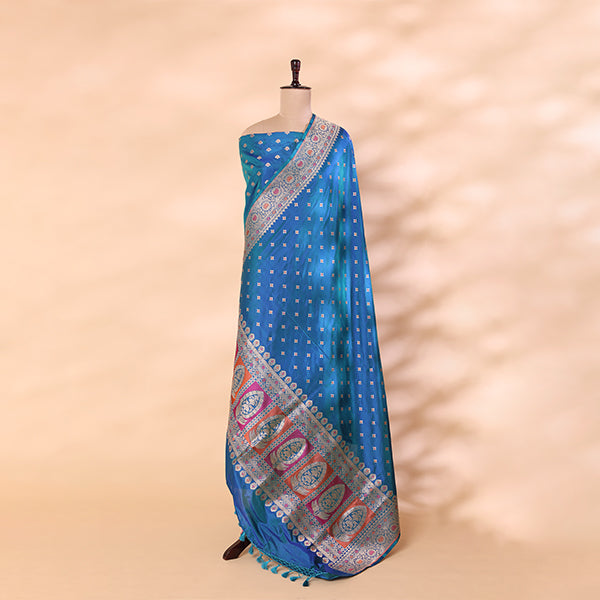 Detailed view of the elegant Banarasi silk dupatta featuring traditional motifs and elaborate woven borders.
