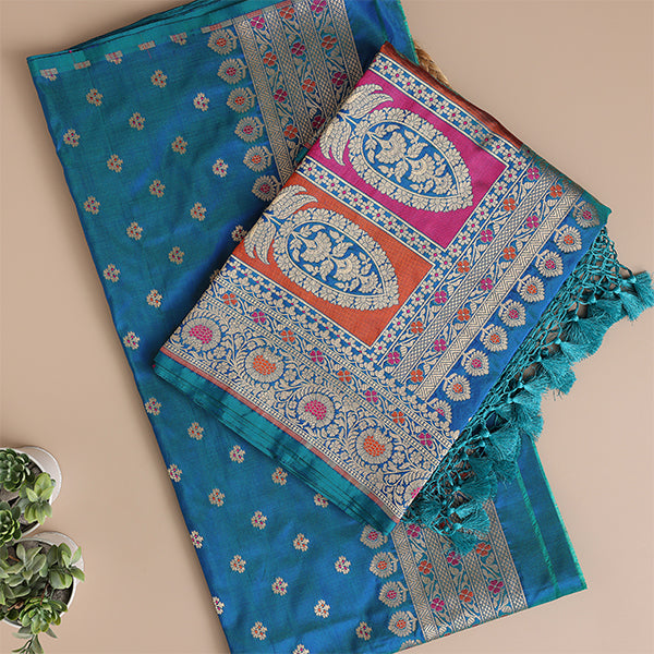Close-up detail of the pure handwoven Banarasi silk fabric showing the fine traditional gold Zari and intricate Meena embroidery.