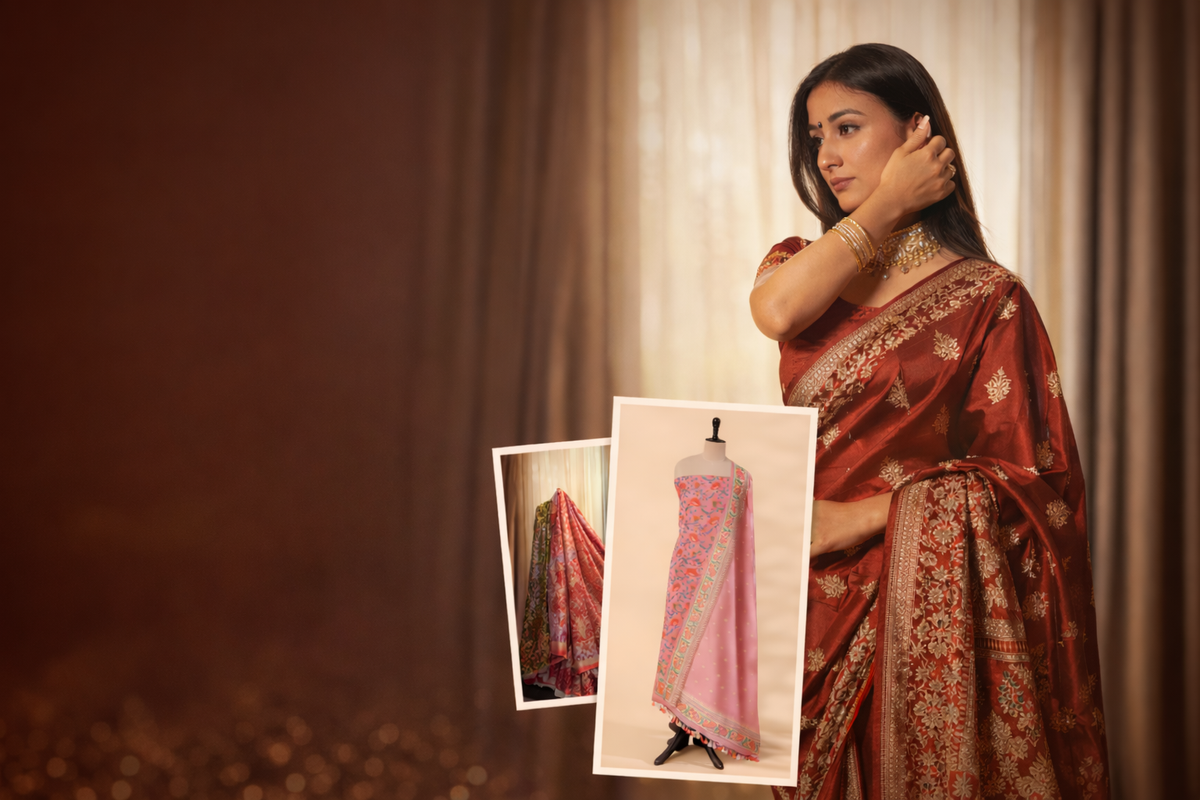 Brand banner for Arzo India featuring a model in a premium red handwoven Katan silk saree with gold zari borders, alongside preview inserts of a pastel pink unstitched collection.
