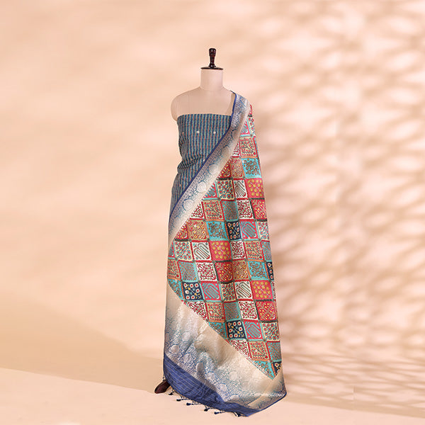 Arzo Sapphire Elegance unstitched Banarasi silk suit with a multicolour jaal dupatta