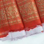 Full length display of the Indigo Harmony pure Tussar georgette silk saree, highlighting its complete traditional Banarasi craftsmanship and border continuity.