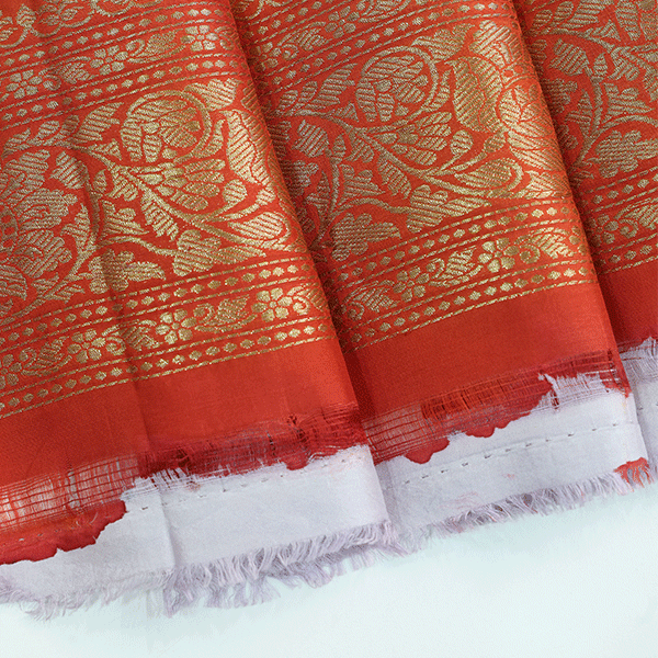 Full length display of the Indigo Harmony pure Tussar georgette silk saree, highlighting its complete traditional Banarasi craftsmanship and border continuity.