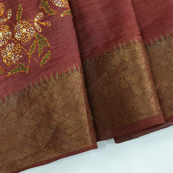 Full length display of the Kaleidoscope Kantha Tussar Silk Saree showcasing its complete drape, colors, and pattern consistency.