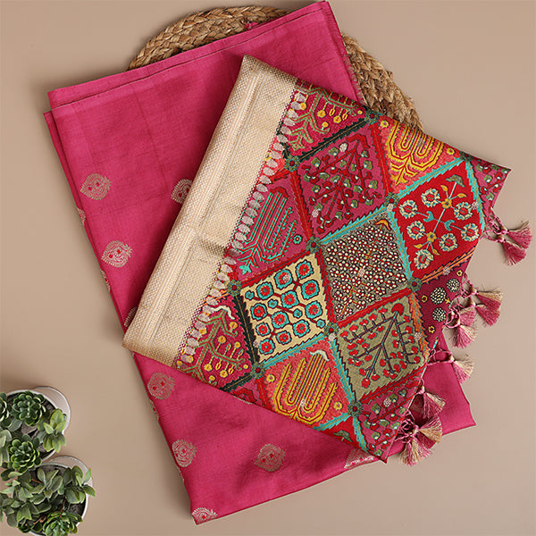 Front view of Arzo India's unstitched Ravishing Rose Banarasi silk suit fabric with traditional gold motifs and an elegant patterned dupatta.