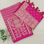 Front view of Arzo India's luxury unstitched Regal Pink Banarasi silk dress material with traditional Indian handloom weaving.