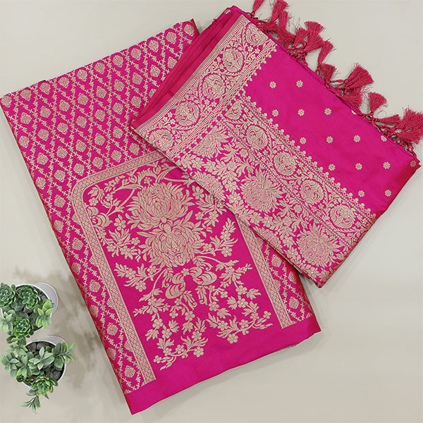 Front view of Arzo India's luxury unstitched Regal Pink Banarasi silk dress material with traditional Indian handloom weaving.