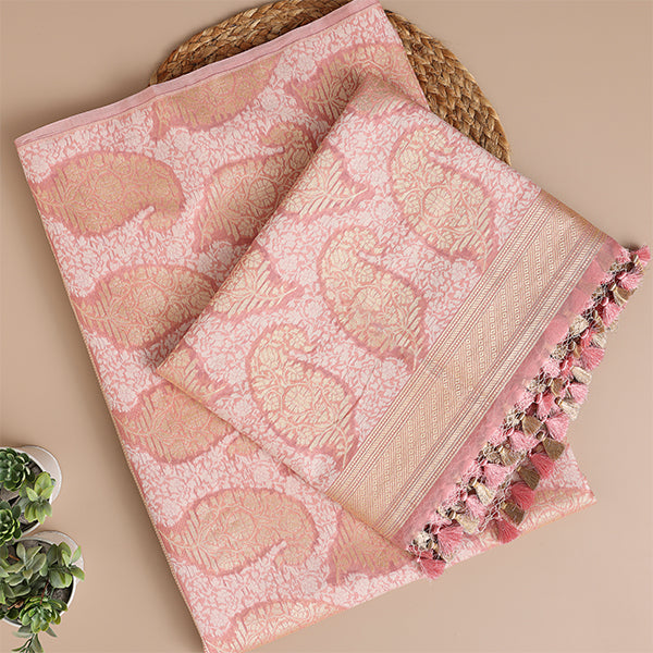 Front view of Arzo India's Rose Whisper blush pink unstitched suit material with elegant traditional handwoven motifs.