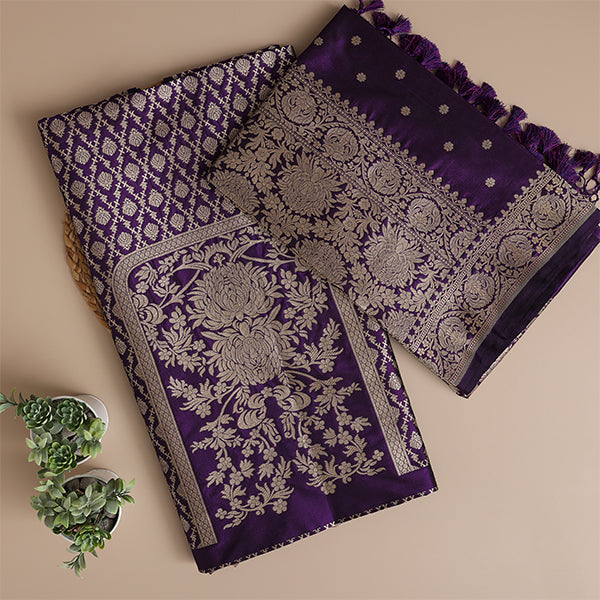Arzo India Royal Radiance traditional handwoven Banarasi silk suit in majestic amethyst purple featuring elegant neck embroidery.