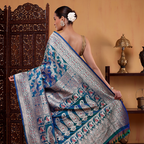 Intricate close-up view of the handwoven Shikargah Meenakari Jaal and detailed Zari work on the blue Katan silk saree.