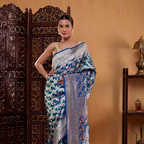 Unstitched blue silk blouse fabric with a matching handwoven Meenakari border included with the Katan silk saree.
