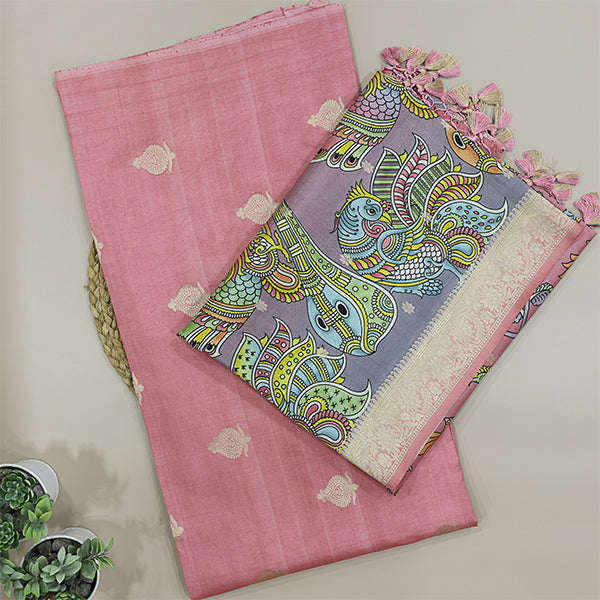 Close-up shot of the premium baby pink handwoven pure Banarasi silk dress material, highlighting the fine texture, rich handloom weave, and delicate golden motifs.