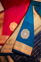 Handwoven Banarasi Katan silk suit front view with rich zari borders