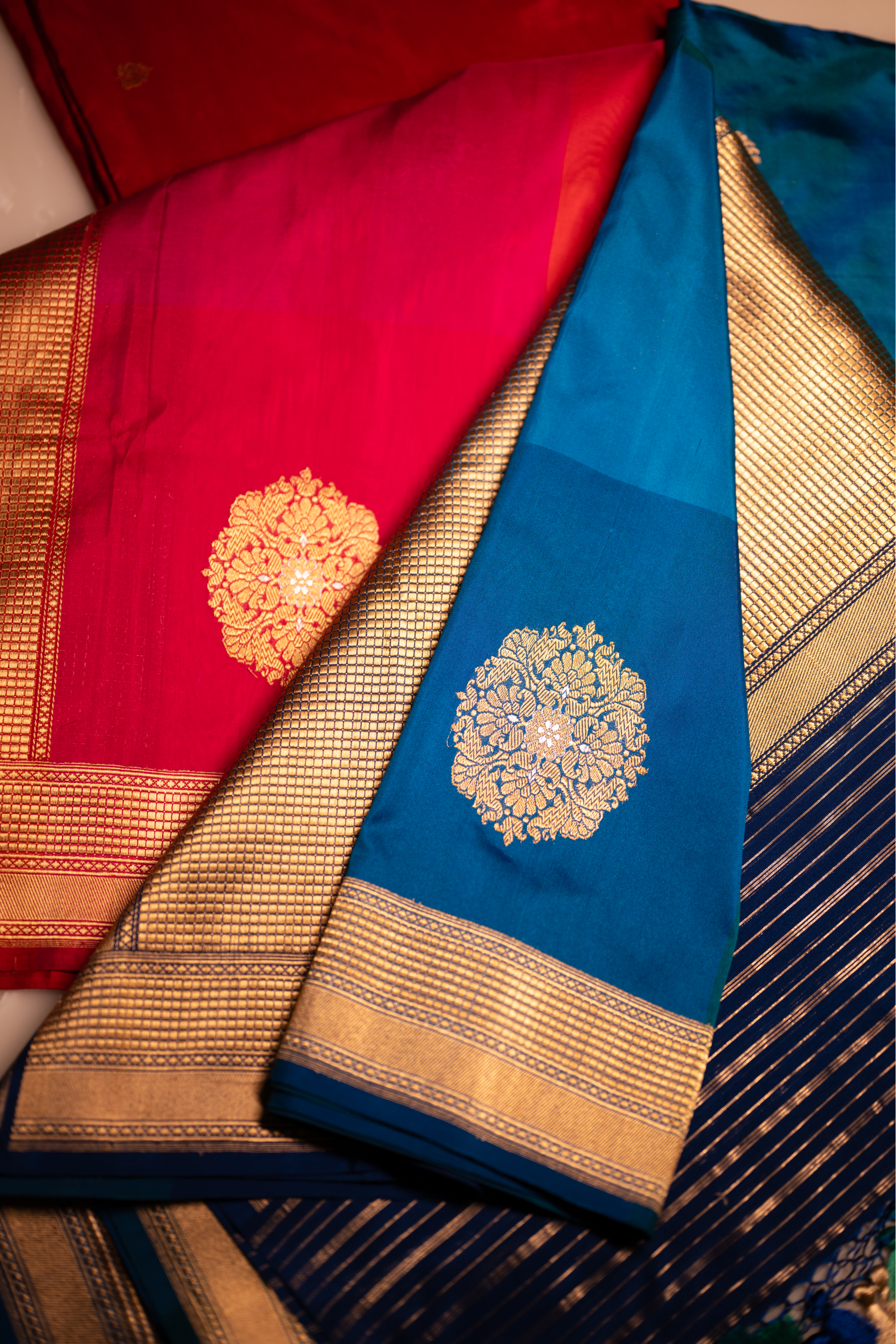 Handwoven Banarasi Katan silk suit front view with rich zari borders