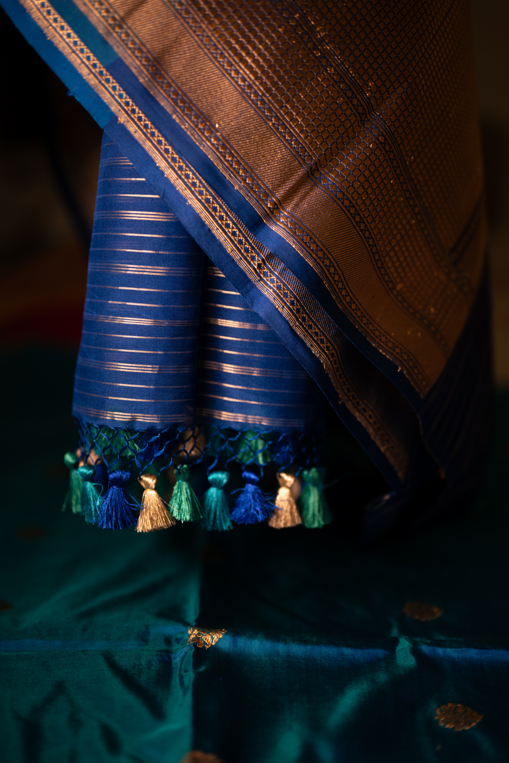 Handwoven Banarasi Katan silk suit front view with rich zari borders