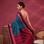 Close-up shot of the exquisite tri-color bordered falling dupatta pallu on the Tranquil Twilight Banarasi silk ensemble