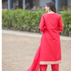 Classic red Banarasi silk suit with rich texture and ethnic style