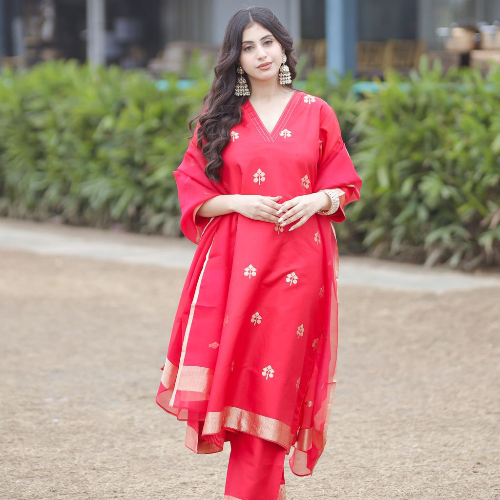 Banarasi silk suit in red with kora silk dupatta and traditional weaving