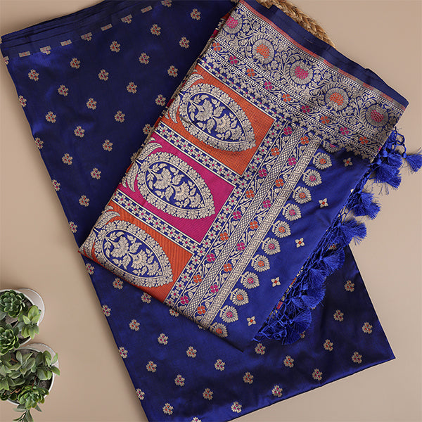 Detailed close-up of the premium handwoven electric blue Banarasi silk fabric showcasing the gold Zari patterns and delicate Meena work embroidery.