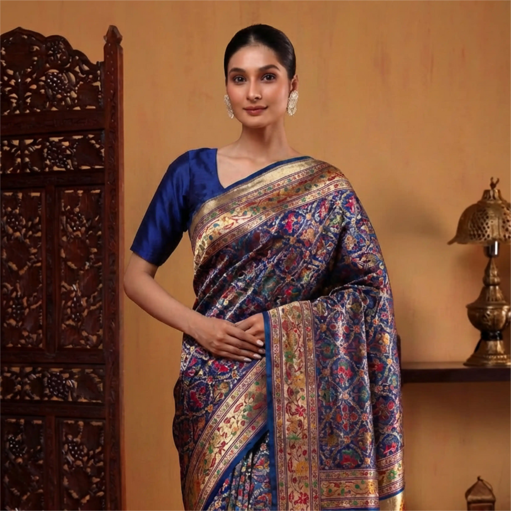 Woman wearing a Royal Blue Handwoven Paithani Patola Silk Saree with intricate geometric patterns, a gold zari border, and a matching silk blouse.