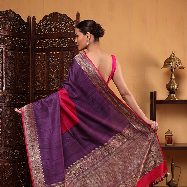 Front drape view of the Celestial Azure Blush silk saree highlighting the clean ombre color gradient and traditional circle motifs on the pleats.