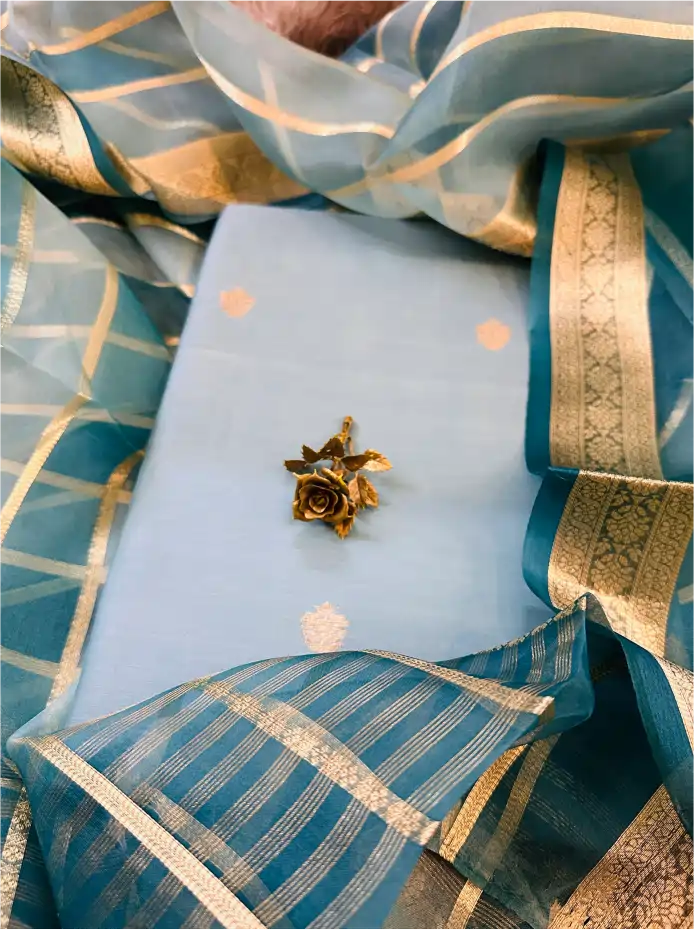 Close-up shot highlighting the premium texture of the light blue Chanderi cotton silk fabric and the intricate handloom style gold zari weaving details.