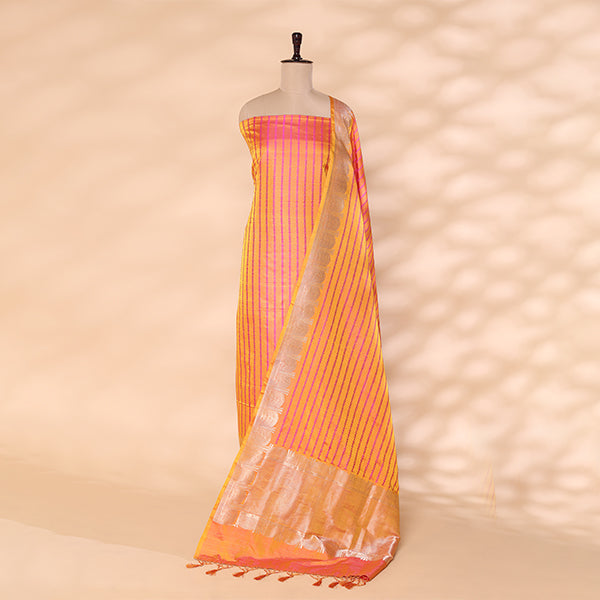 Close-up view of the copper yellow handwoven silk dupatta highlighting the delicate silver border accents and elegant craftsmanship.