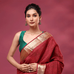 Front drape view of the Celestial Dawn silk saree highlighting the clean handwoven gold zari work on the pleats and lower border.