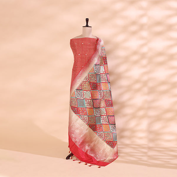 Crimson Splendor unstitched suit fabric in handwoven Banarasi silk with a rich crimson base, beautifully paired with a multicolored digital Jaal print dupatta on a mannequin.