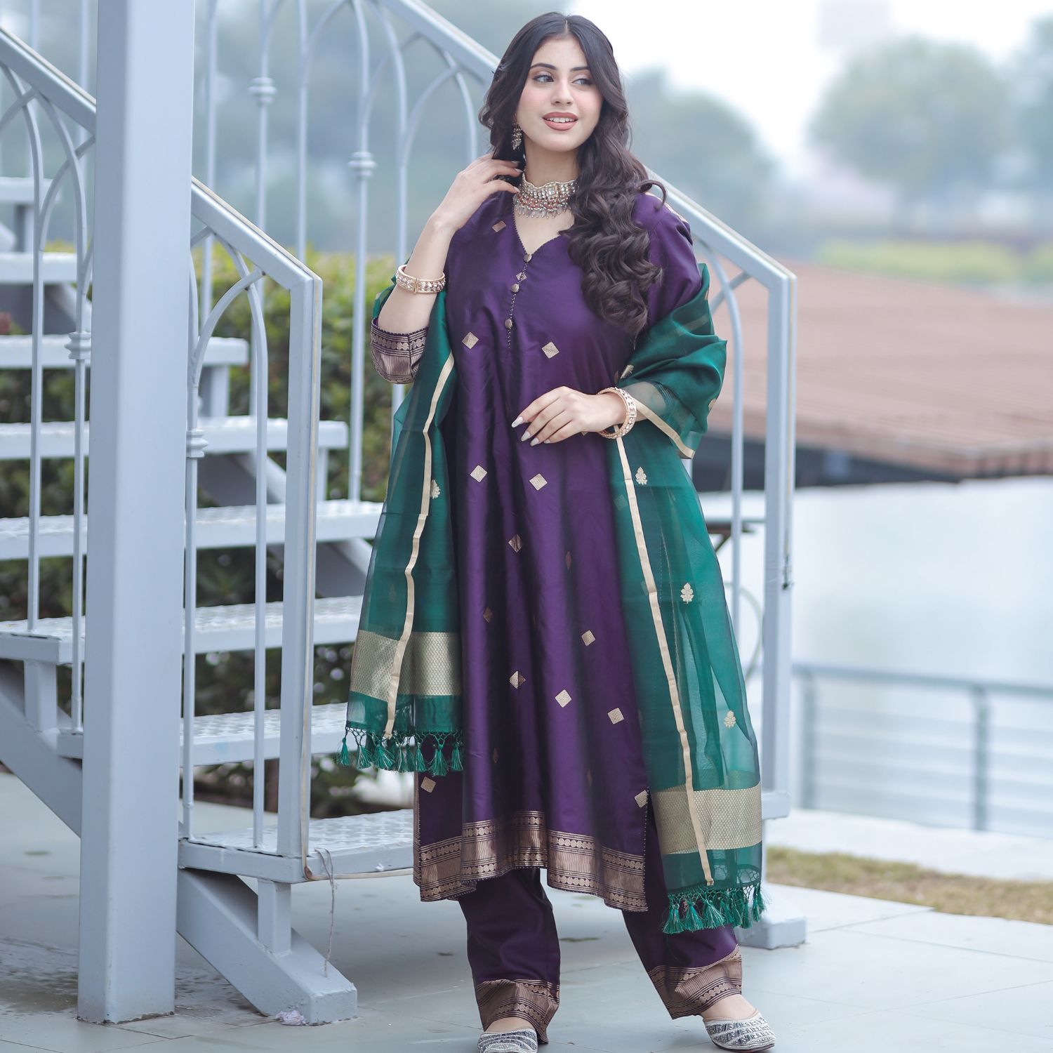 Designer Banarasi silk suit with vertical boota for party and ethnic wear