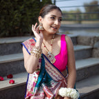 Designer Paithani silk saree with floral gold border for wedding and party wear
