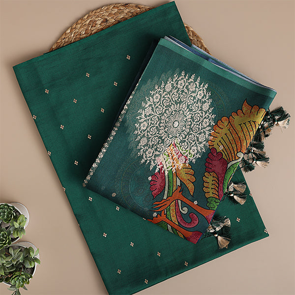 A flat-lay view of luxurious emerald green Banarasi silk fabric, showcasing an intricate handwoven circular mandala design, vibrant peacock motifs, and traditional gold zari detailing.