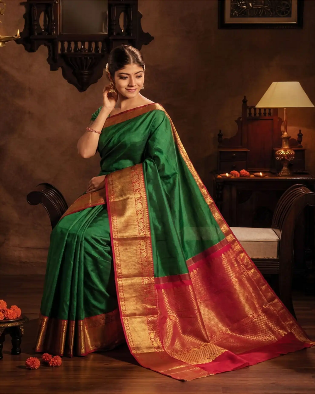 Woman wearing a premium emerald green pure silk Kanjivaram saree with an orange zari pallu.