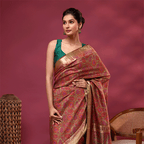Full-length view of the Enchanted Aurora pure silk saree showcasing the intricate pattern drape and gold zari borders.