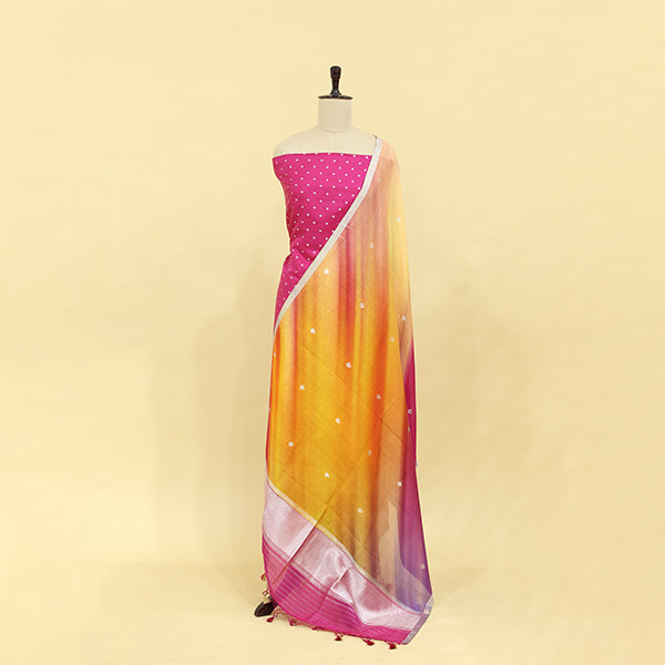 Detailed view of the enchanting multicoloured ombre dupatta showcasing the beautiful blend of festive colors and traditional shiny silver border work.