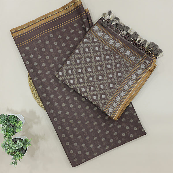 Full view of the matching ash and golden dupatta featuring traditional Jamdani weaving borders.
