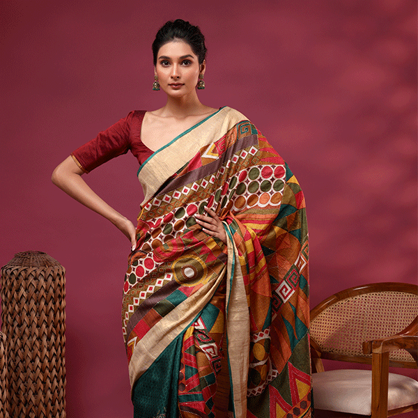 Ethereal Harmony Tussar Silk Saree featuring an elegant cream body draped with a vibrant multicolored Kantha embroidery border and pallu.