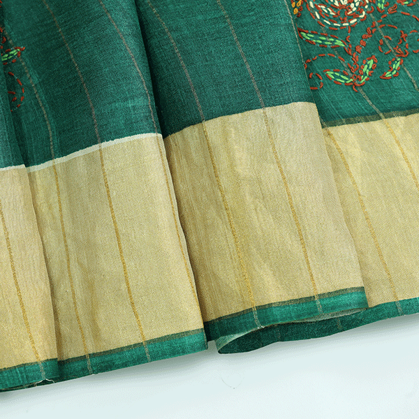 One meter unstitched striped matching Tussar silk blouse fabric featuring a detailed multi-colored Kantha border.