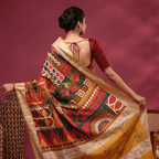 Close-up view of the intricate, vibrant multi-colored handwoven Kantha embroidery work on the luxury Tussar silk saree pallu.