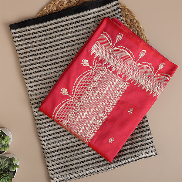 Burgundy Radiance Handwoven Brocade Satin Silk Suit with Full Zari Jaal Dupatta with Stripes