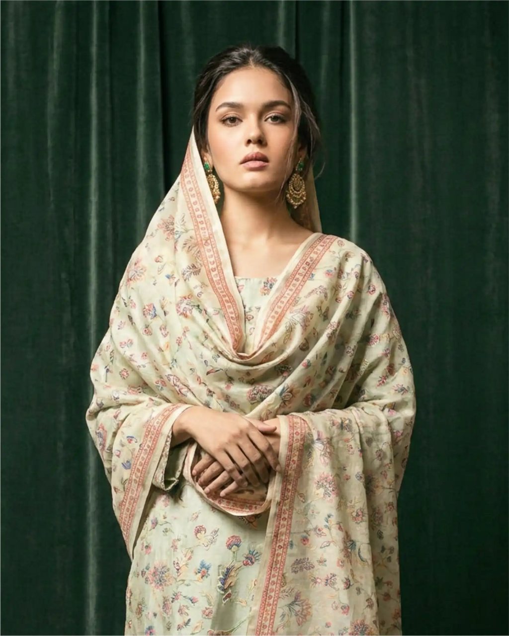 A woman wearing an elegant, light-colored Chanderi silk suit set featuring delicate floral patterns and intricate embroidery, perfect for festive occasions.
