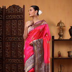 Close-up view of the contrasting pallu on the Fuchsia Fantasy saree highlighting intricate sauna rupa bootas and traditional craftsmanship.