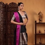 Back view of the Fuchsia Grace satin silk saree highlighting its elegant drape and gilded gold accent borders.