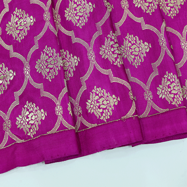 Full-length view of the traditional handwoven Fuchsia Grace satin silk saree, perfect for luxury wedding wear and festivals.