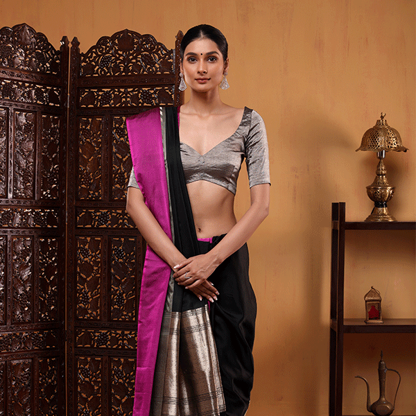 Unstitched premium silk blouse piece featuring intricate gold jaal work for the Fuchsia Grace saree.