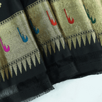 Full length drape view of the golden beige Tussar silk saree, highlighting its elegant fall and traditional Banaras craftsmanship.